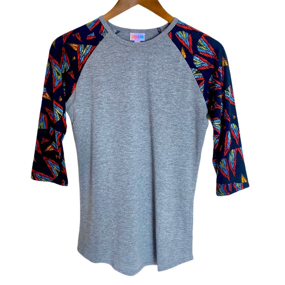 NWT LuLaRoe Randy XXS Raglan Sleeve T-Shirt Gray with Geometric Print Sleeves